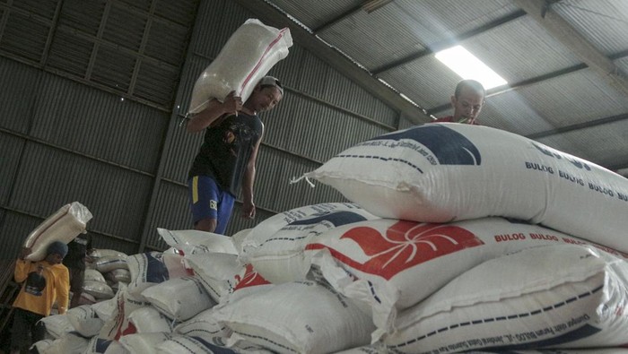 Pekerja memanggul beras dalam karung di gudang Bulog Pasirhalang, Sukaraja, Sukabumi, Jawa Barat, Senin (10/6/2024). Badan Pangan Nasional (Bapanas) mencatat stok beras Bulog saat ini mencapai 1,8 juta ton sehingga mencukupi untuk kebutuhan masyarakat menjelang Idul Adha 2024. ANTARA FOTO/Henry Purba/agr/nym.