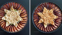 Selain buah tin dan apel, Karin juga berkreasi dengan buah plum. Ia menyusun irisan buah plum itu secara rapi ditambah lapisan luar berukiran bunga. Foto: Instagram @karinpfeiffboschek