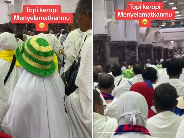 Wanita ini merekam para jamaah kompak memakai topi Keroppi agar tak terpisah dari rombongan, mendadak viral di media social
