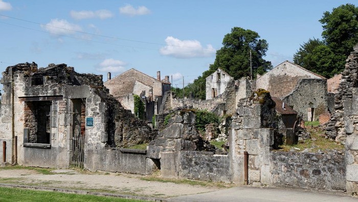 A general view shows the remains of houses damaged during WWII ahead of French President Emmanuel Macron's visit to attend a ceremony to mark the 80th anniversary of the massacre of 643 persons by Nazi German forces, in Oradour-sur-Glane, France, June 10, 2024. LUDOVIC MARIN/Pool via REUTERS