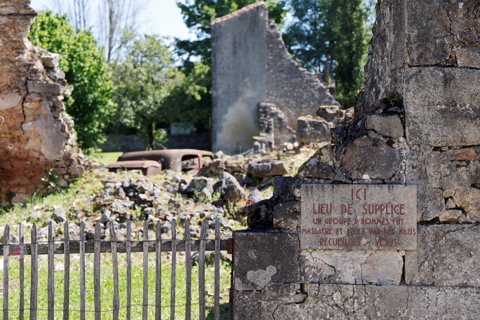 A general view shows the remains of houses damaged during WWII ahead of French President Emmanuel Macron's visit to attend a ceremony to mark the 80th anniversary of the massacre of 643 persons by Nazi German forces, in Oradour-sur-Glane, France, June 10, 2024. LUDOVIC MARIN/Pool via REUTERS