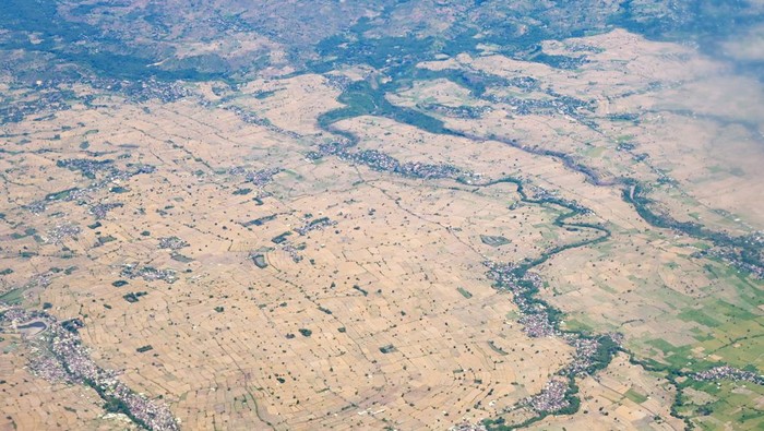 Lombok Timur Siaga Kekeringan, Sawah-sawah Mengering! Foto udara kawasan persawahan yang mengering di wilayah Lombok Timur, NTB, Rabu (12/6/2024). Badan Meteorologi, Klimatologi dan Geofisika (BMKG) NTB menyatakan berdasarkan monitoring dan prediksi curah hujan dasarian, delapan daerah di NTB berpotensi untuk bersiaga mengalami kekeringan meteorologis di antaranya di Kabupaten Dompu (Kecamatan Kempo, Kilo, Pajo), Bima (Kecamatan Belo, Donggo, Lambitu Palibelo, Wawo, Wera), Kota Bima (Kecamatan Raba, Rasanae Timur), Lombok Barat (Kecamatan Lembar), Lombok Timur (Kecamatan Sambelia), Lombok Utara (Kecamatan Bayan), Sumbawa (Kecamatan Labuhan Badas, Lape, Moyohilir, Sumbawa, Unter Iwes) dan Sumbawa Barat di Kecamatan Jereweh.ANTARA FOTO/Ahmad Subaidi/Spt.