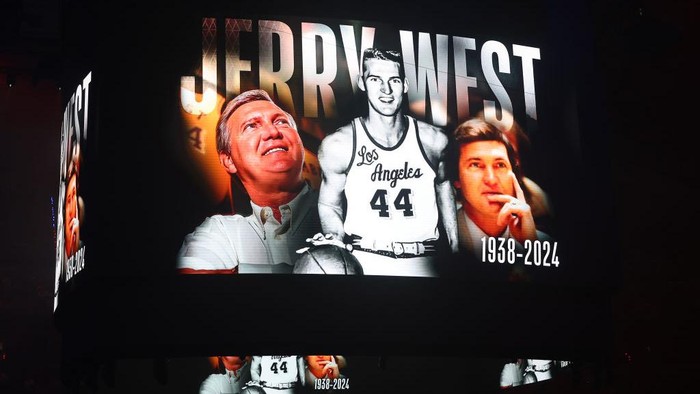 DALLAS, TEXAS - JUNE 12: A video tribute to Jerry West plays on the scoreboard before Game Three of the 2024 NBA Finals between the Boston Celtics and the Dallas Mavericks at American Airlines Center on June 12, 2024 in Dallas, Texas. NOTE TO USER: User expressly acknowledges and agrees that, by downloading and or using this photograph, User is consenting to the terms and conditions of the Getty Images License Agreement. (Photo by Stacy Revere/Getty Images)