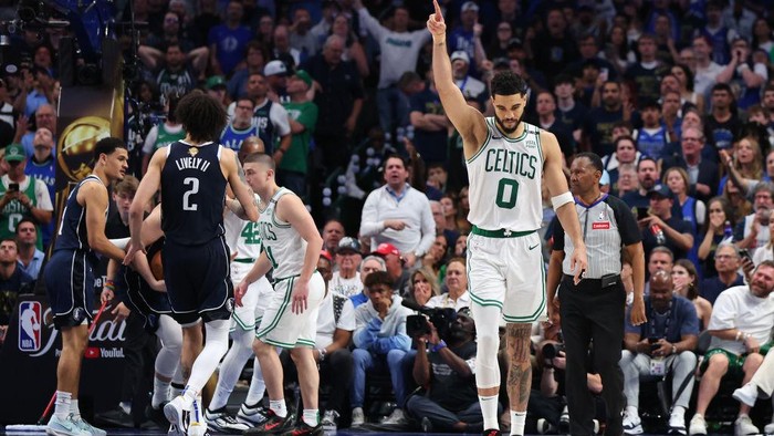 DALLAS, TEXAS - JUNE 12: Jayson Tatum #0 of the Boston Celtics reacts in the fourth quarter against the Dallas Mavericks in Game Three of the 2024 NBA Finals at American Airlines Center on June 12, 2024 in Dallas, Texas. NOTE TO USER: User expressly acknowledges and agrees that, by downloading and or using this photograph, User is consenting to the terms and conditions of the Getty Images License Agreement. (Photo by Stacy Revere/Getty Images)