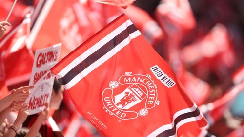 LONDON, ENGLAND - MAY 12: A Manchester United flag with the club badge on during the Adobe Womens FA Cup Final match between Manchester United and Tottenham Hotspur at Wembley Stadium on May 12, 2024 in London, England.(Photo by Catherine Ivill - AMA/Getty Images)