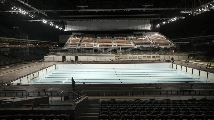 A view of the olympic swimming pool, Wednesday, June 12, 2024 at the Paris La Defense Arena, in Nanterre, outside Paris. The Paris La Defense Arena will host the swimming and some water polo events during the Paris 2024 Olympic Games. (AP Photo/Thomas Padilla)