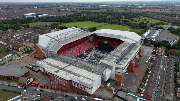 A drone view shows Anfield Stadium as people prepare for the arrival of Taylor Swift who will perform three concerts there this week, in Liverpool, Britain June 12, 2024. REUTERS/Molly Darlington