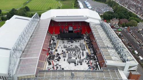 A drone view shows Anfield Stadium as people prepare for the arrival of Taylor Swift who will perform three concerts there this week, in Liverpool, Britain June 12, 2024. REUTERS/Molly Darlington