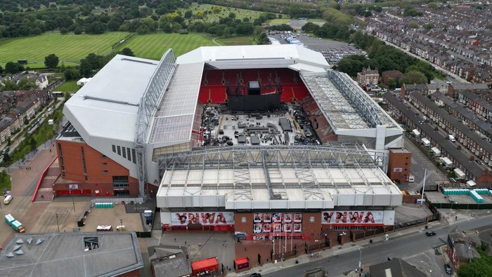A drone view shows Anfield Stadium as people prepare for the arrival of Taylor Swift who will perform three concerts there this week, in Liverpool, Britain June 12, 2024. REUTERS/Molly Darlington