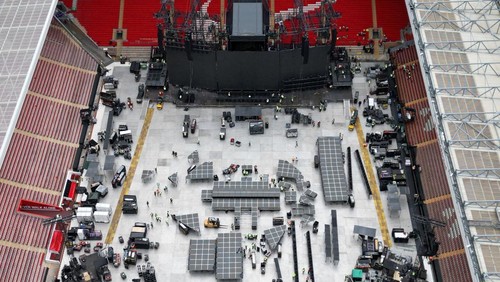 A drone view shows Anfield Stadium as people prepare for the arrival of Taylor Swift who will perform three concerts there this week, in Liverpool, Britain June 12, 2024. REUTERS/Molly Darlington