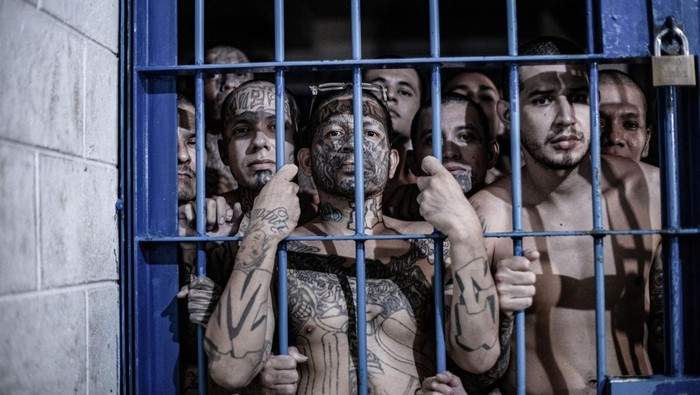 Potret Pemindahan Ribuan Napi Gangster ke Penjara Terbesar di Amerika Gang members walk and sit as they arrive at the Terrorism Confinement Center, as part of a move announced by El Salvador's President Nayib Bukele on social media, in Tecoluca, El Salvador, June 11, 2024. Secretaria de Prensa de la Presidencia//Handout via REUTERS THIS IMAGE HAS BEEN SUPPLIED BY A THIRD PARTY. NO RESALES. NO ARCHIVES