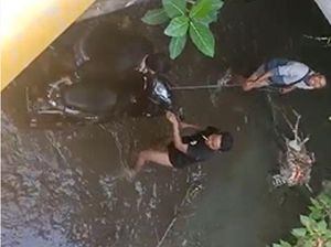 Pemotor Tabrak Pembatas Jalan hingga Terjun ke Sungai di Batuan Gianyar