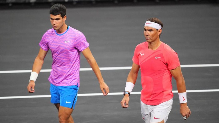 LAS VEGAS, NEVADA - MARCH 03: (L-R) Carlos Alcaraz and Rafael Nadal in action during The Netflix Slam at Michelob ULTRA Arena on March 03, 2024 in Las Vegas, Nevada. (Photo by Chris Unger/Getty Images)