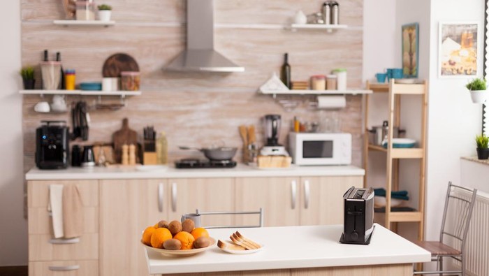 Desain dapur tema beige.