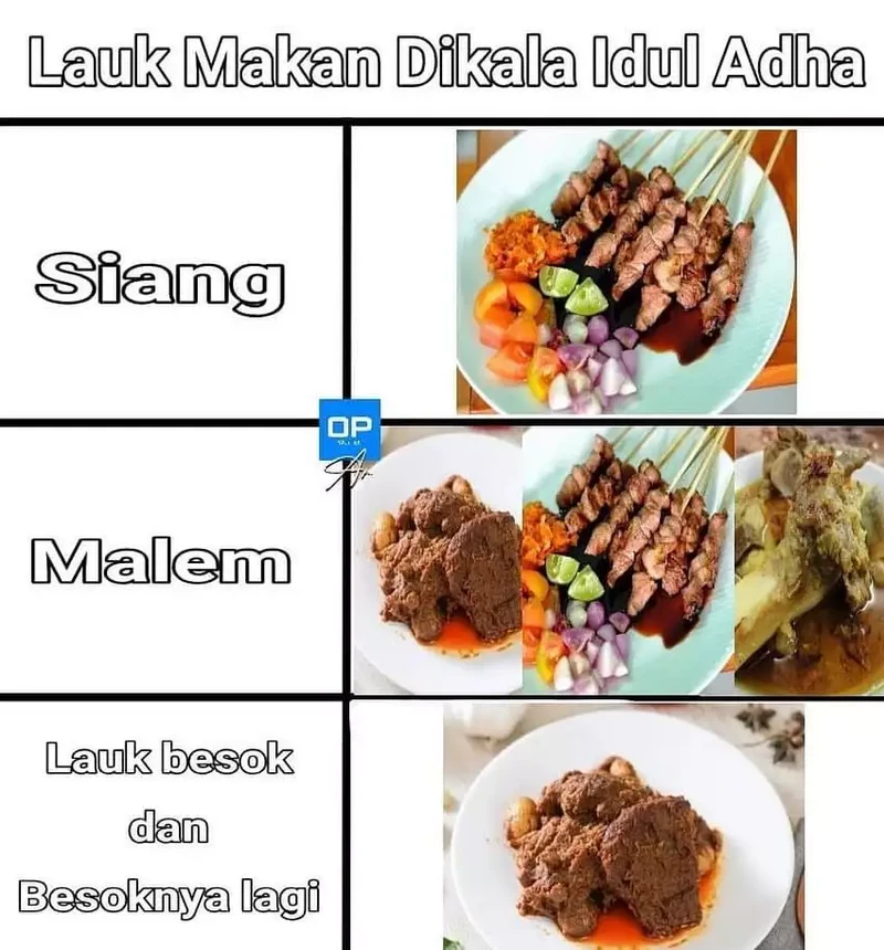Saat lebaran Idul Adha, hampir setiap rumah pasti memiliki stok daging kambing. Berikut ini meme lucu soal menu spesial Idul Adha.