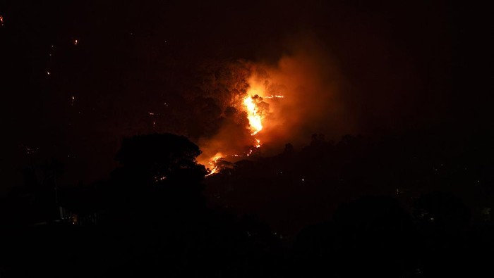 Kebakaran melanda hutan di lembah Kangra, Dharamshala, India. Warna kemerahan dari kobaran api itu memecah gelapnya malam di India.