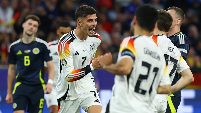 Soccer Football - Euro 2024 - Group A - Germany v Scotland - Munich Football Arena, Munich, Germany - June 14, 2024  Germanys Kai Havertz celebrates scoring their third goal REUTERS/Kai Pfaffenbach