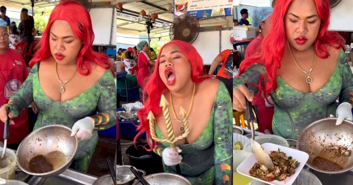 Nyentrik! Penjual Tiram Cosplay Jadi Ariel Putri Duyung yang Seksi