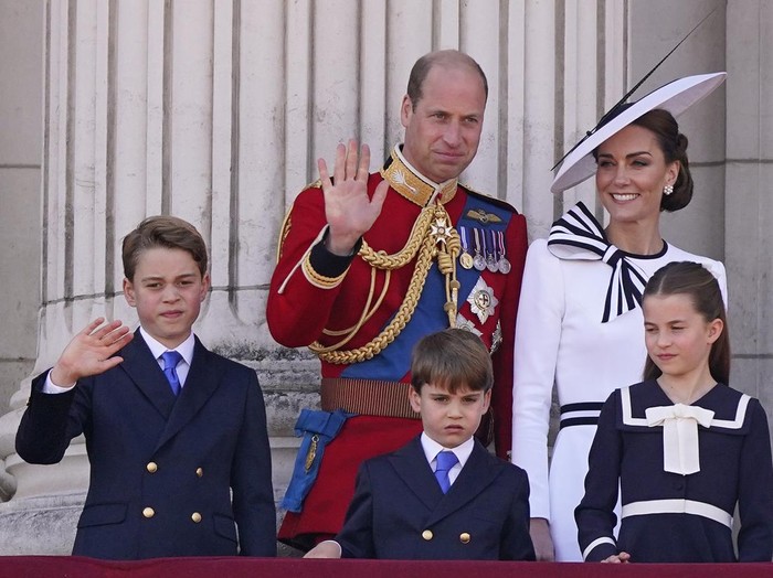 Prince William, and Kate Princess of Wales on the balcony of Buckingham Palace with their children Prince George, left, Prince Louis, front centre, and Princess Charlotte wave to the crowds after the Trooping the Color ceremony, in London, Saturday, June 15, 2024. Trooping the Color is the Kings Birthday Parade and one of the nations most impressive and iconic annual events attended by almost every member of the Royal Family. (AP Photo/Alberto Pezzali)