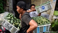 Para pekerja sedang mengumpulkan wadah lontong untuk segera diisi dengan beras.