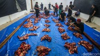 Namun tingginya antusias warga membuat petugas kembali membuat 100 kantong daging untuk dibagikan lagi.