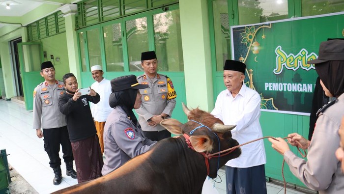Polwan Polres Mojokerto Kota bagikan hewan kurban