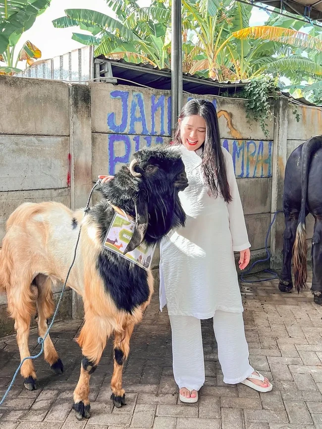 Via Vallen juga mengandalkan busana serba putih dalam padanan tunik dan celana panjang. Ia mengunggah momen dirinya membelai kambing kurbannya. (Foto: Instagram)