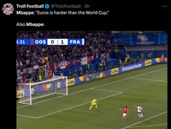 Namun, Mbappe kesulitan di laga itu. Pemain 25 tahun itu sempat membuang peluang emas, saat gagal memasukkan bola dalam situasi satu lawan satu dengan kiper Austria. (Foto: Twitter @TrollFootball)