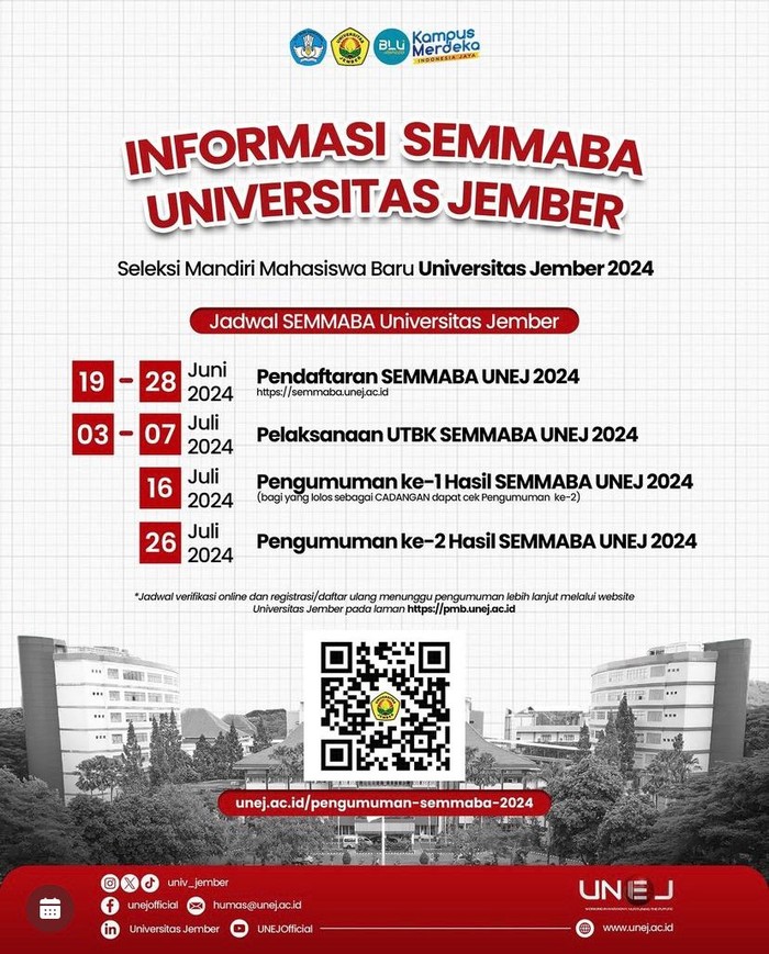 Pendaftaran Seleksi Mandiri (SEMMABA) UNEJ Buka 19 Juni 2024