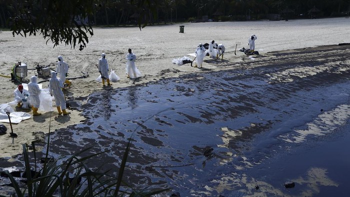 Potret Singapura Berjibaku Bersihkan 400 Ton Tumpahan Minyak dari Pantai Workers clean oil spill along Sentosa's Tanjong Beach area in Singapore, Sunday, June 16, 2024. (AP Photo/Suhaimi Abdullah)