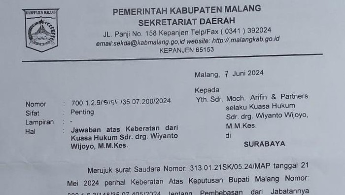 Surat jawaban atas keberatan Eks Kadinkes Malang yang dicopot buntut tunggakan BPJS PBID.