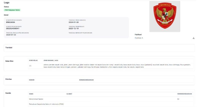 Tangkapan layar situs Pangkalan Data Kekayaan Intelektual (alamat pemilik disamarkan)