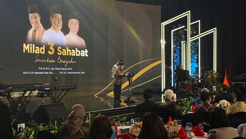 Wapres Maruf Amin bicara soal dedikasi Chairman CT Corp Chairul Tanjung (CT), Nasaruddin Umar dan Mohammad Nuh untuk bangsa di Milad ke-62 Chairul Tanjung, Rabu (19/6/2024).