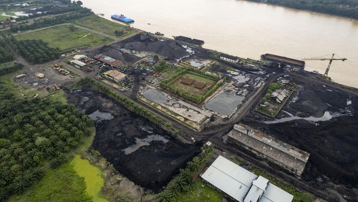 Foto udara Candi Teluk 1 yang sekitar lokasinya dijadikan penampungan batu bara, tepi Sungai Batanghari, Muaro Jambi, Jambi, Kamis (20/6/2024). Beberapa kawasan sekitar situs candi, utamanya di bagian selatan Kawasan Cagar Budaya Nasional (KCBN) Muara Jambi atau masuk dalam zona inti berdasarkan Keputusan Mendikbudristek tentang Sistem Zonasi Kawasan Cagar Budaya Peringkat Nasional Muara Jambi masih di kelilingi aktivitas bongkar muat batu bara dan perkebunan. ANTARA FOTO/Wahdi Septiawan/Spt.