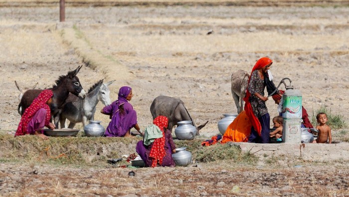 Women with children and their pet donkeys gather for washing and to fetch water at a handpump during a hot summer day on the outskirts of Larkana, Pakistan May 23, 2024. REUTERS/Akhtar Soomro     TPX IMAGES OF THE DAY