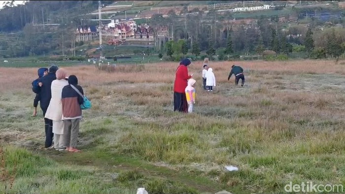 Wisatawan berburu embun es di komplek Candi Arjuna Dieng, Jumat (21/6/2024).