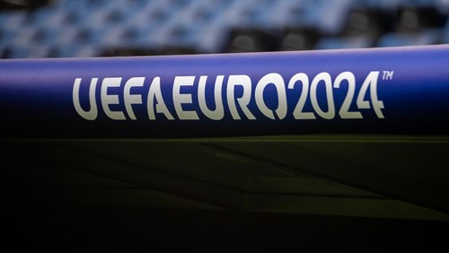 HAMBURG, GERMANY - JUNE 19: UEFA Euro 2024 logo seen during the UEFA EURO 2024 group stage match between Croatia and Albania at Volksparkstadion on June 19, 2024 in Hamburg, Germany. (Photo by Mateusz Slodkowski/Getty Images)