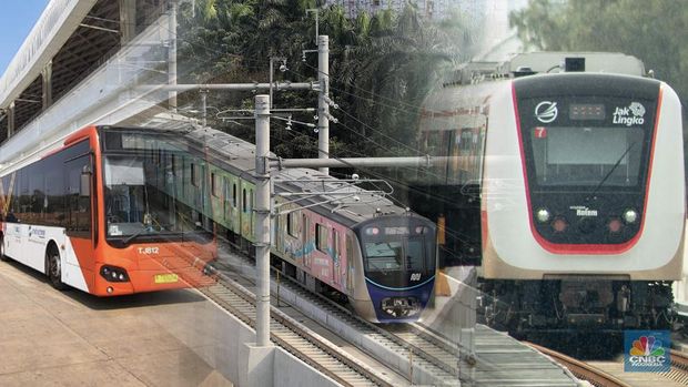 Foto kolase TransJakarta, MRT Jakarta, LRT Jakarta. (CNBC Indonesia)