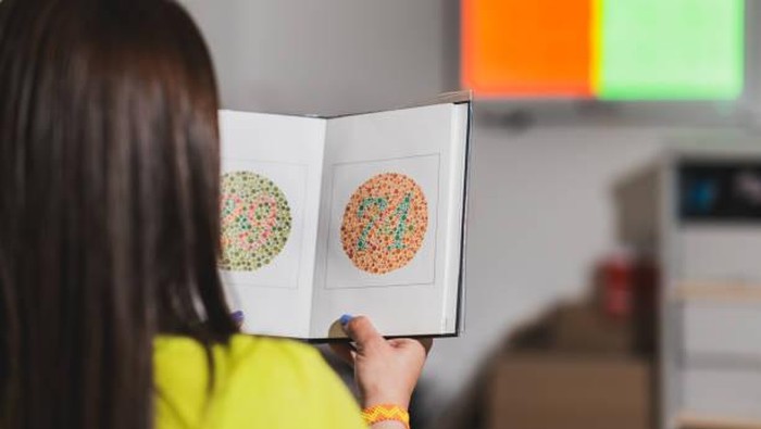 A person holding an open book that contains two pages, each displaying a different circular color vision test. These tests, composed of numerous small, colored dots with a number in the center, are designed to diagnose color blindness. The numbers are formed by dots of a slightly different color, testing the girl´s ability to distinguish these colors