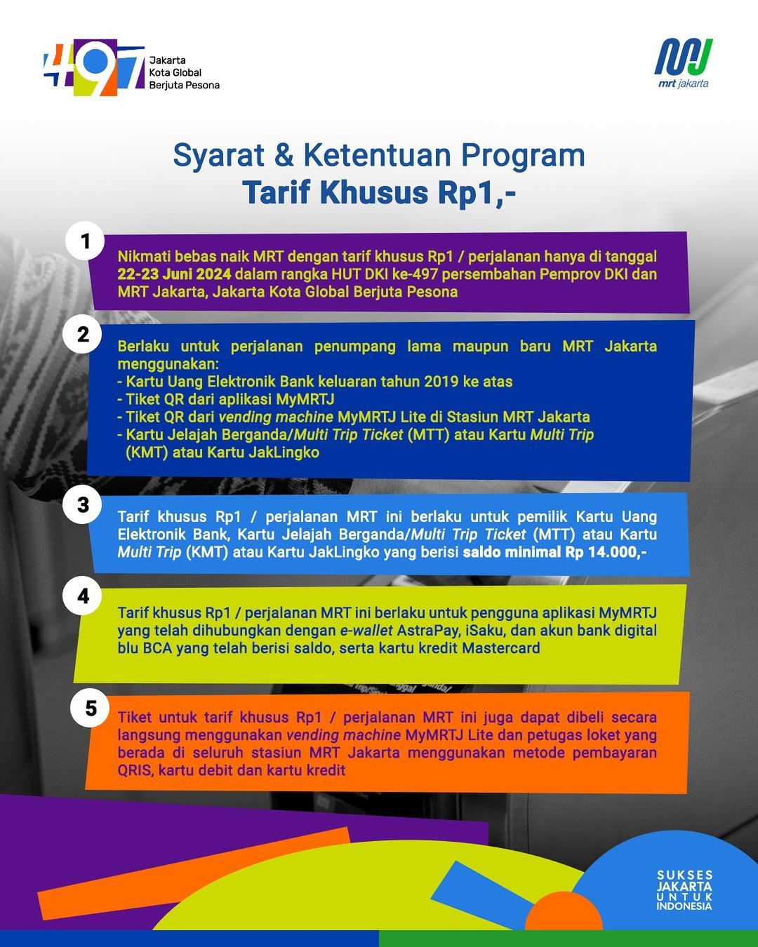 Syarat Tarif 1 Rupiah Spesial MRT HUT Kota Jakarta ke-497. (Instagram @mrtjktinfo)