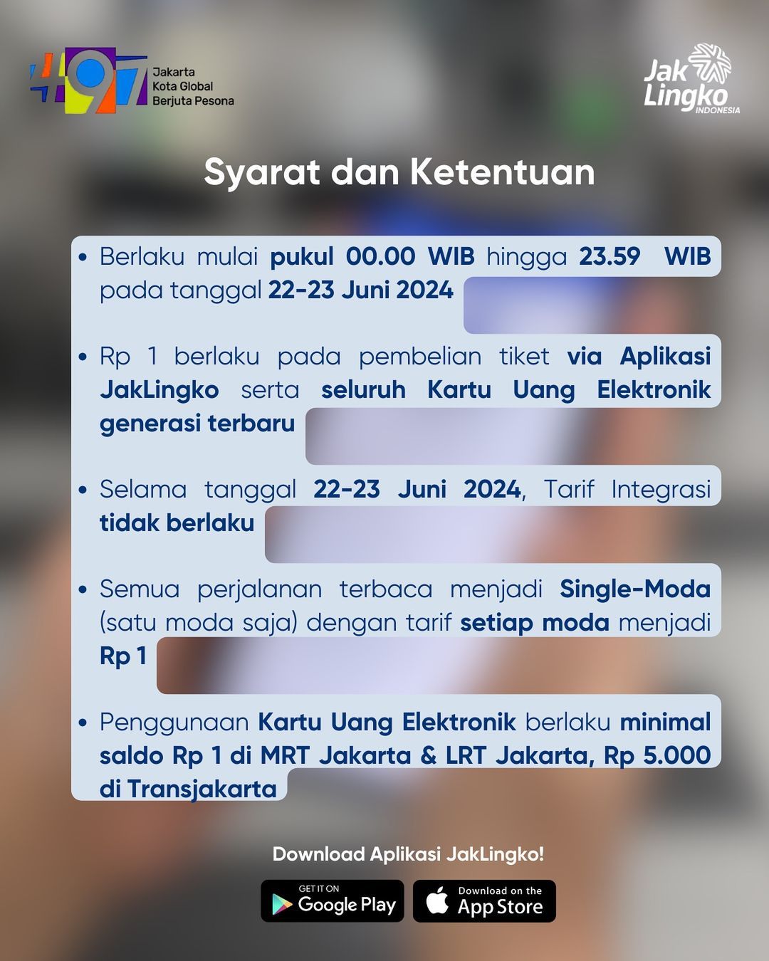 Weekend ini makin spesial karena Tarif khusus Rp1 berlaku selama 22 - 23 Juni 2024. (Dok.jaklingkoindonesia)