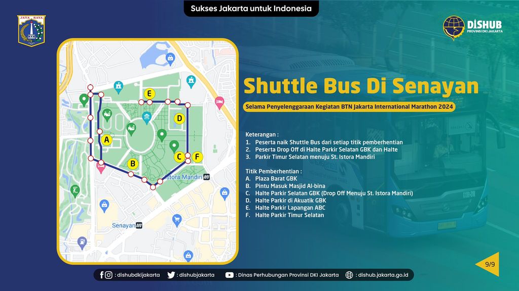 Dishub DKI Jakarta menyediakan layanan Shuttle Bus menuju lokasi BTN Jakarta International Marathon 2024 serta lokasi parkir kendaraan. (Dok: Dinas Perhubungan DKI Jakarta)