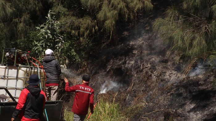 Petugas memadamkan api kebakaran kawasan Bromo.