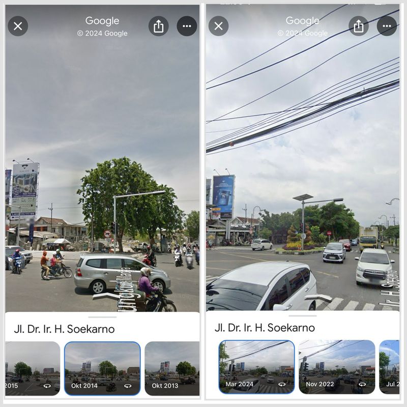 Potret Jalan Ir Soekarno (MERR IIC Perempatan Rungkut Madya) tahun 2014 (kiri) vs 2024 (kanan).