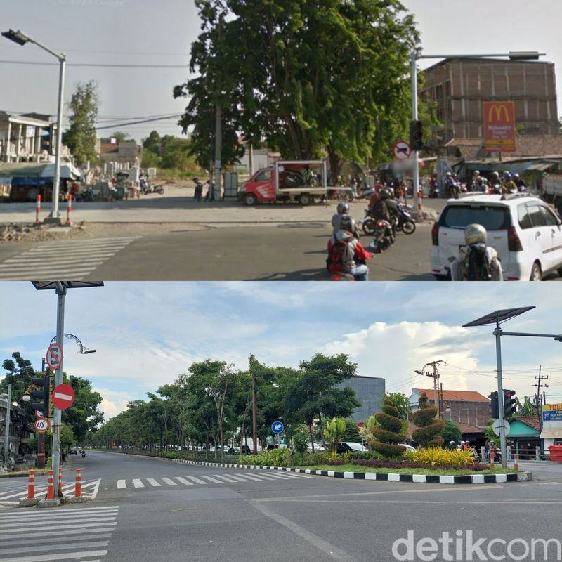 Potret Jalan Ir Soekarno (perempatan MERR Rungkut-Gunung Anyar) tahun 2014 (atas) vs 2024 (bawah).