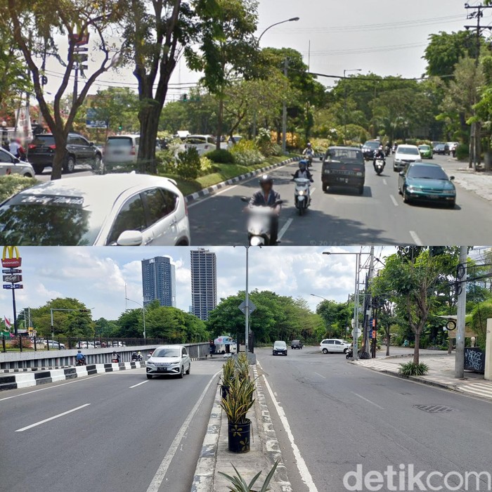 Potret Jalan Mayjen Sungkono tahun 2014 (atas) vs 2024 (bawah).