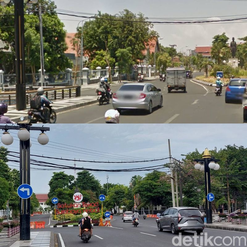Potret Jalan Yos Sudarso (persimpangan Ketabang Kali) tahun 2014 (atas) vs 2024 (bawah).