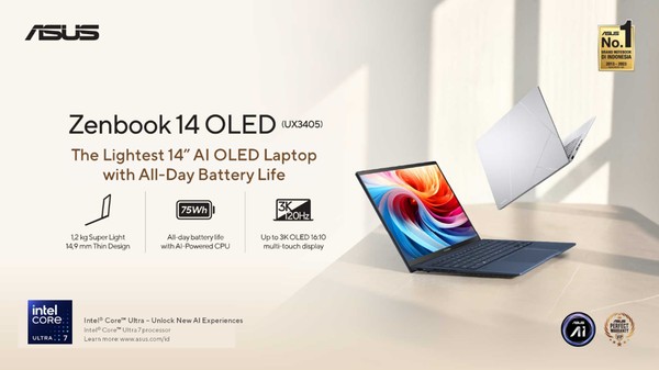 ASUS Zenbook 14 OLED UX3405, Laptop AI Tipis, Ringan & Layar Sentuh 3K