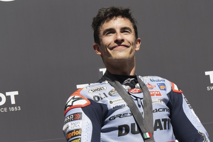 SCARPERIA, ITALY - JUNE 01:  Marc Marquez of Spain and Gresini Racing MotoGP celebrates the second place on the podium on track during the MotoGP Of Italy - Sprint at Mugello Circuit on June 01, 2024 in Scarperia, Italy. (Photo by Mirco Lazzari gp/Getty Images)