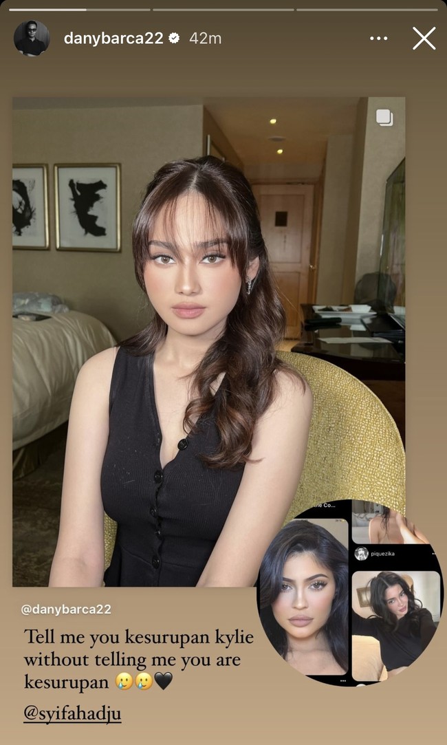 Sang MUA bahkan menjajarkan potret Syifa setelah di makeup dengan artis luar negeri, Kylie Jenner. Menurutnya pesona Syifa itu tak kalah menawan dan bikin terpana dari Kylie. Foto: Instagram/@danybarca22